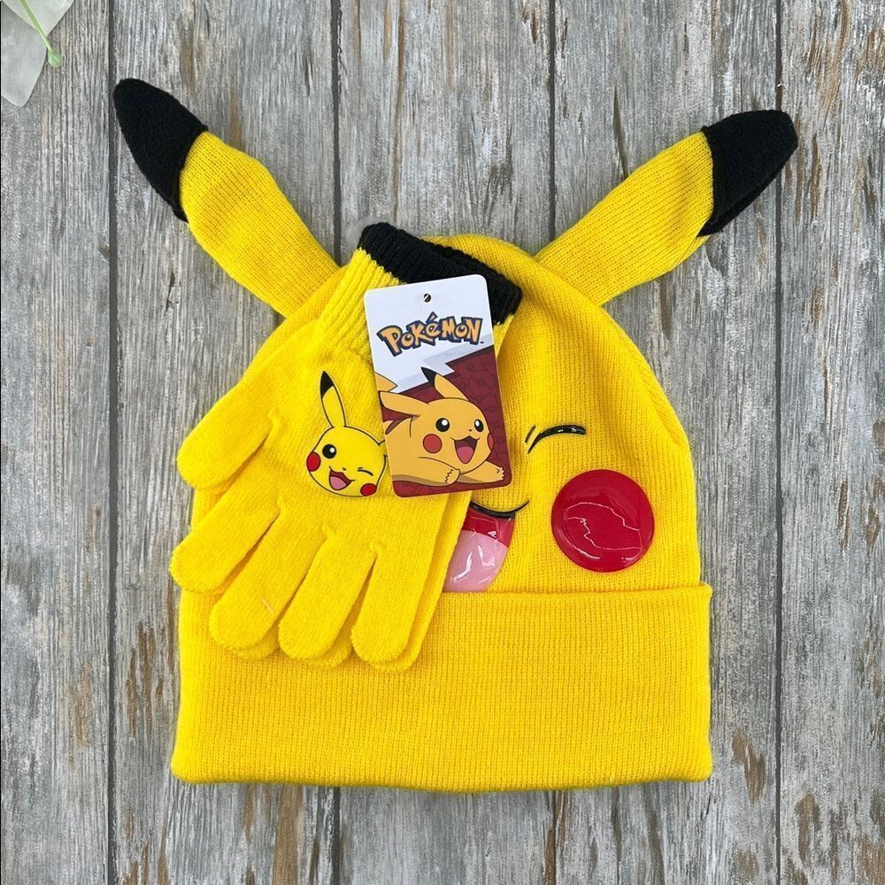 Kids Pokemon Pikachu Beanie Hat & Gloves 2-Piece Set Winter